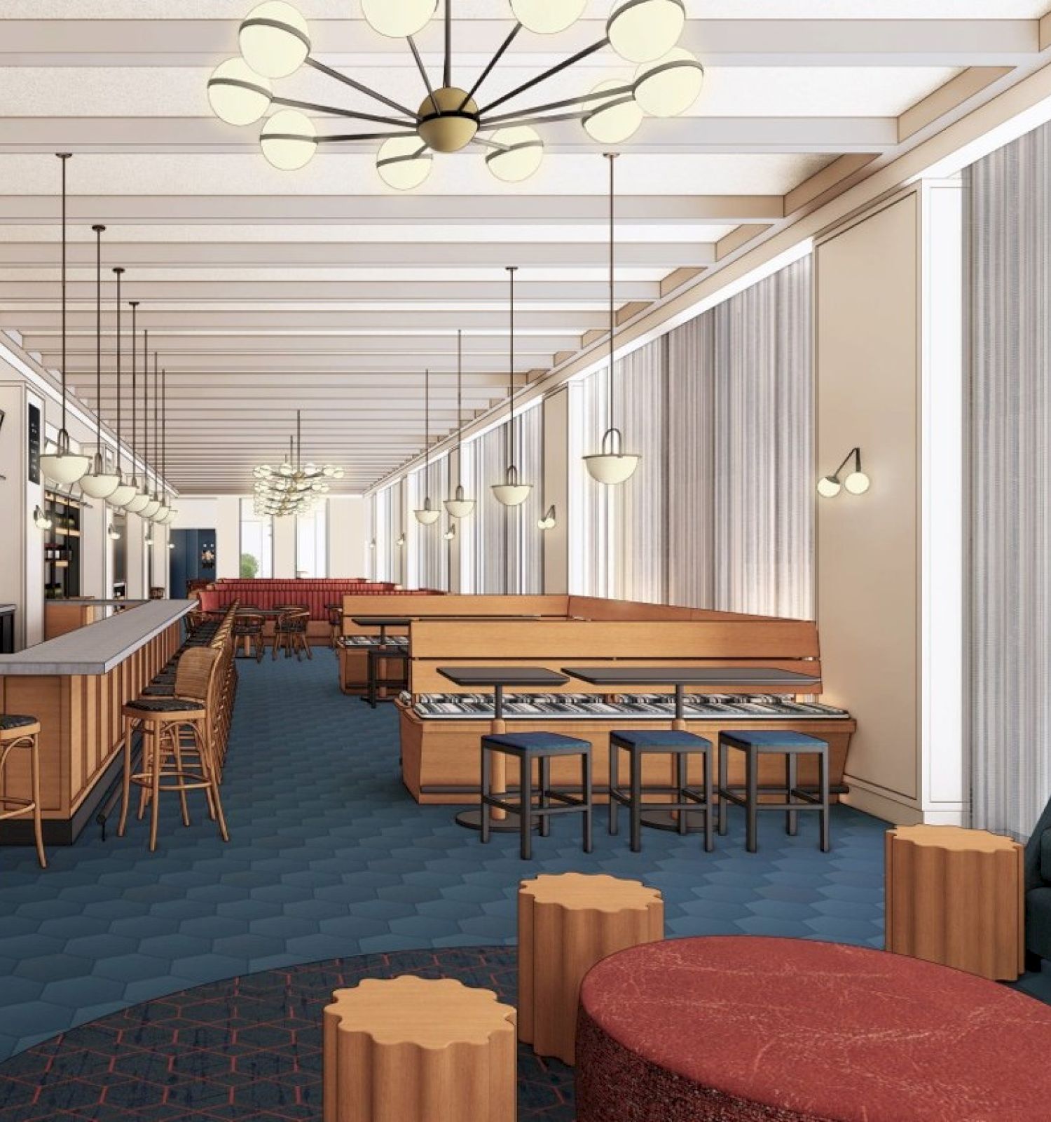 This image depicts a modern bar interior with a long counter, chairs, tables, and sofas, featuring stylish lighting and decorations.